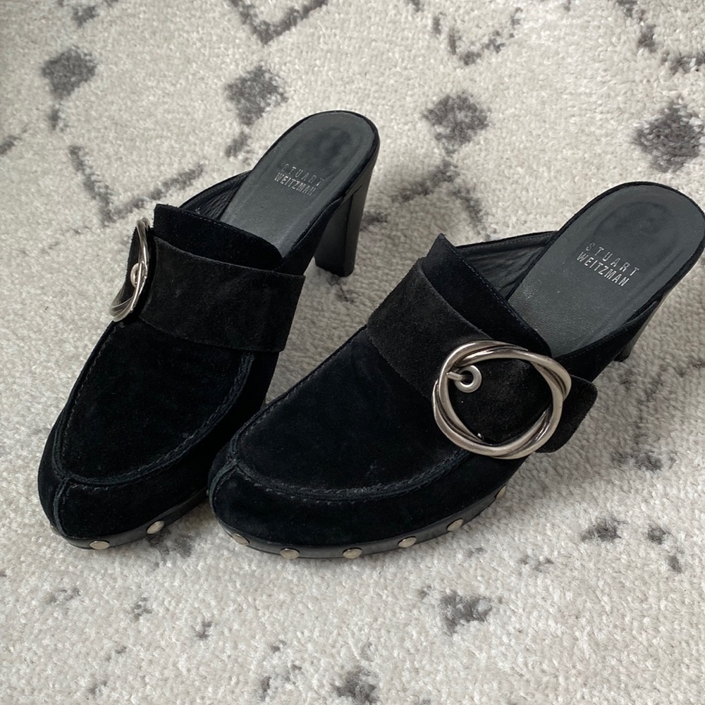 Stuart Weitzman Black Suede Studded Clogs - Size 7.5